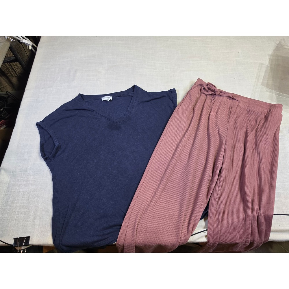 Jessica Simpson Navy V-Neck Top & Ekouaer Mauve Waffle Knit Pants Set XL